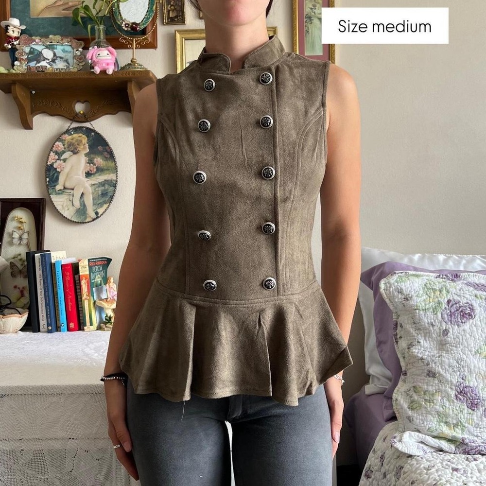 Lydia USA Brown Faux Suede Military Peplum Top Silver Buttons Y2K Grunge M